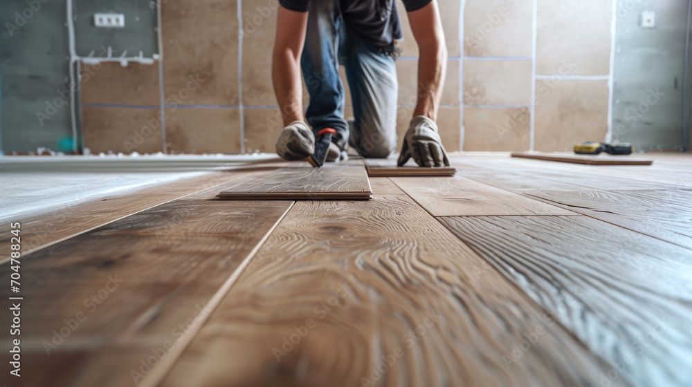 person installing wood flooring in an empty room,a close up of a man laying a wooden floor on a hard wood floor depicts a man installing wooden flooring. home renovation, construction,new floor instal - obrazy, fototapety, plakaty 