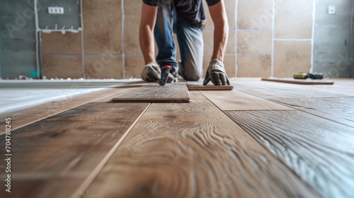 person installing wood flooring in an empty room,a close up of a man laying a wooden floor on a hard wood floor depicts a man installing wooden flooring. home renovation, construction,new floor instal photo