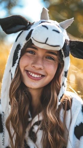 A Close Up Shot of a Woman in a Cow Cosplay - Cute Girl Cow Costume Background created with Generative AI Technology