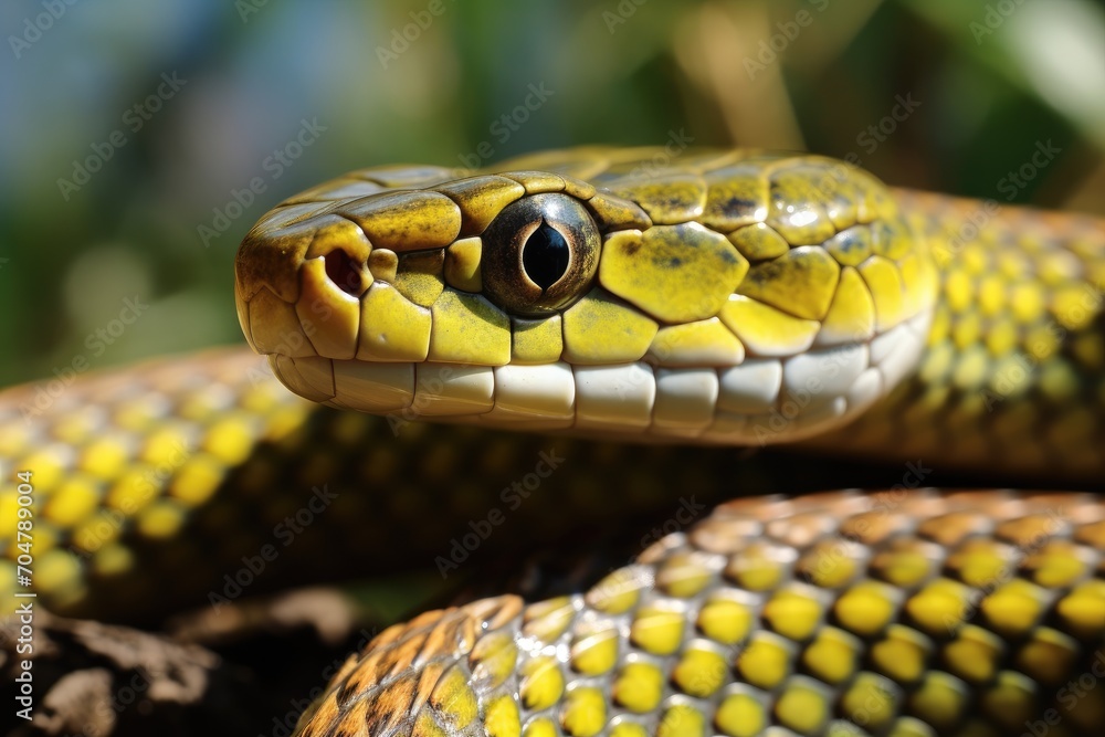 A detailed close up of a snake coiled on a tree branch., San Fransico garter snake, Thamnophis sirtalis tetrataenia, AI Generated, AI Generated A detailed close up of a snake coiled on a tree branch., San Fransico garter snake, Thamnophis sirtalis tetrataenia, AI Generated, AI Generated