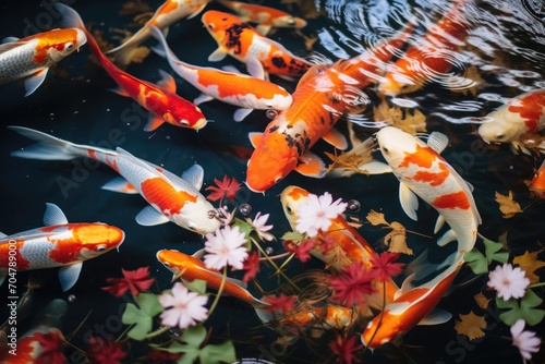 A mesmerizing image capturing a group of koi fish gracefully swimming in a beautiful pond., River pond decorative orange underwater fishes nishikigoi, AI Generated, AI Generated