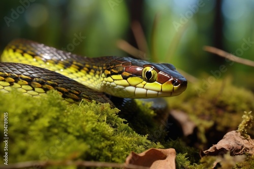 A detailed image showing a snake up close, as it rests on a vibrant mossy surface., San Fransico garter snake, Thamnophis sirtalis tetrataenia, AI Generated, AI Generated © Ifti Digital