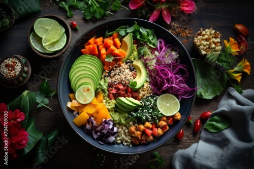 Photo of a balanced Buddha bowl with colorful ingredients. Generative AI