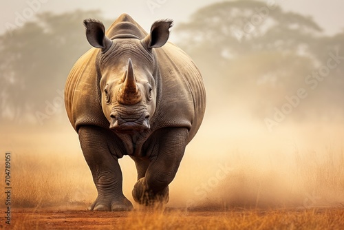 Witness the awe-inspiring sight of a rhinoceros running with grace and power through a vast expanse of dry grass., Rhino, Wildlife Photography, AI Generated, AI Generated