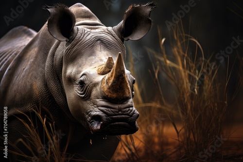 A powerful and awe-inspiring image capturing the essence of a rhinoceros up close, peacefully grazing in a spacious field., Rhino, Wildlife Photography, AI Generated, AI Generated © Ifti Digital