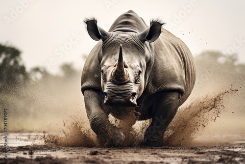A rhino runs through a muddy field with trees in the background., Rhino, Wildlife Photography, AI Generated, AI Generated