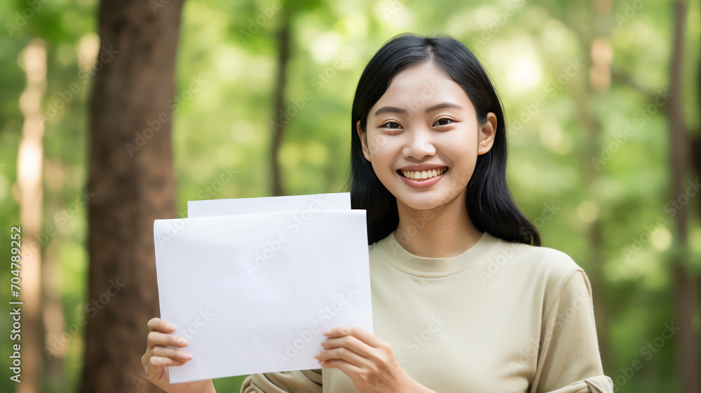 A Portrait of a young Thai woman smiling happily holding a piece of paper with a green recycling sign over a beautiful natural forest background. environment and sustainability, loving the earth. A Portrait of a young Thai woman smiling happily holding a piece of paper with a green recycling sign over a beautiful natural forest background. environment and sustainability, loving the earth.