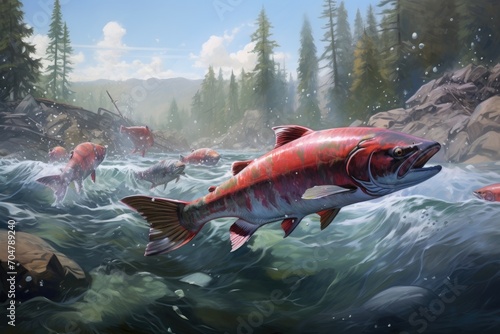 Experience the awe-inspiring sight of a salmon defying gravity as it leaps out of the water in this captivating nature artwork., Salmon spawning in a beautiful river, AI Generated, AI Generated © Ifti Digital