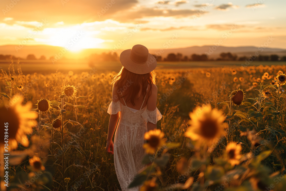 Fototapeta premium person in the field, Young girl walks serenely with elegance through a field of sunflowers