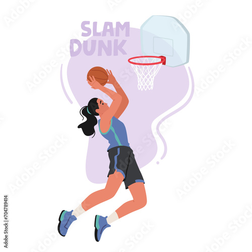 Powerful Female Basketball Player Character Soars Through The Air, Executing A Flawless Slam Dunk, Vector