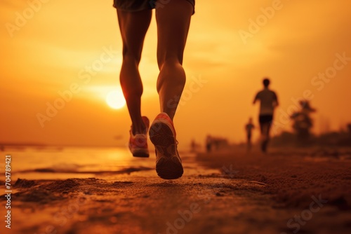 A group of individuals are jogging on a scenic beach, embracing fitness and the natural surroundings., Running at the beach, a close-up of a leg with a dreamy sunset effect, AI Generated, AI Generated
