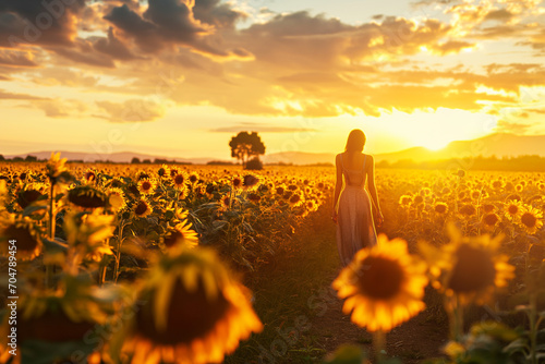 sunset in the field  Young girl walks serenely with elegance through a field of sunflowers