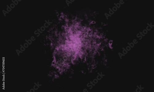 Purple powder explosion on black background. Colored powder cloud. Colorful dust explode. Paint Holi. Lavender Fog or smoke color isolated background for effect, text or copy space. 