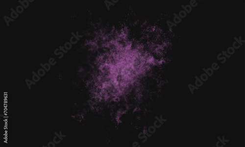 Purple powder explosion on black background. Colored powder cloud. Colorful dust explode. Paint Holi. Lavender Fog or smoke color isolated background for effect, text or copy space. 