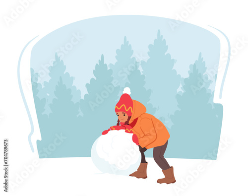 Little Girl Character Gleefully Rolls A Snowball, Her Small Hands Shaping It Into The Base Of A Snowman, Vector