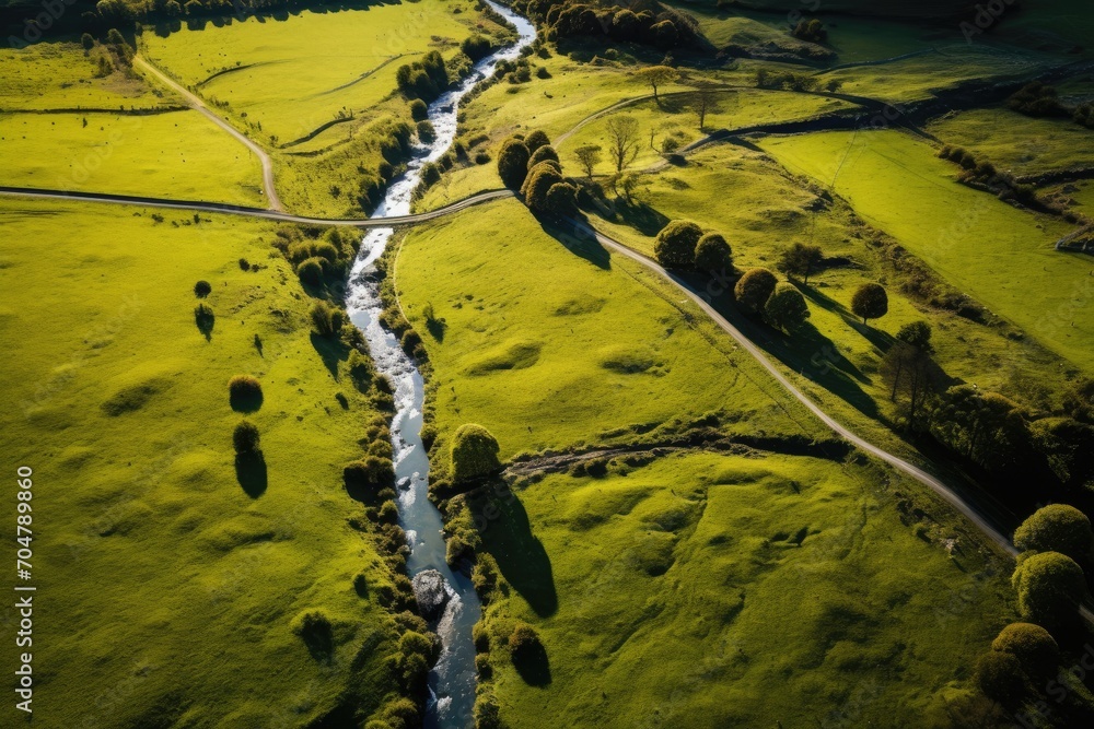 A picturesque river meandering through a colorful and vibrant landscape of lush green fields., Road in the countryside of Waikato, aerial drone view, AI Generated, AI Generated