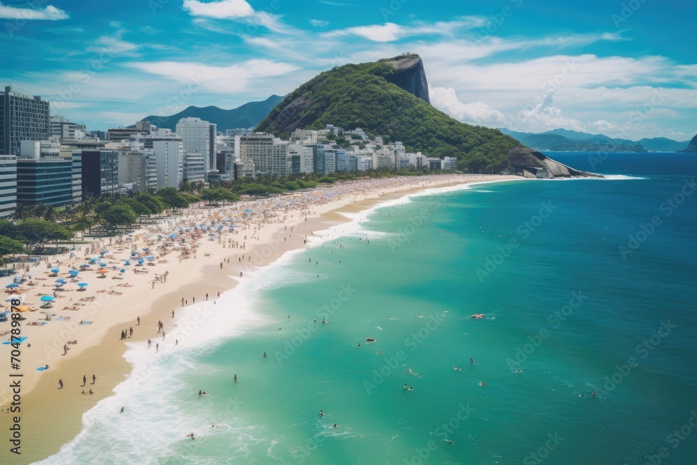 An aerial shot capturing a crowded beach with a majestic mountain as the backdrop., Rio de Janeiro, Brazil, Aerial View of Ipanema Beach and Lagoa in the Summer, AI Generated, AI Generated