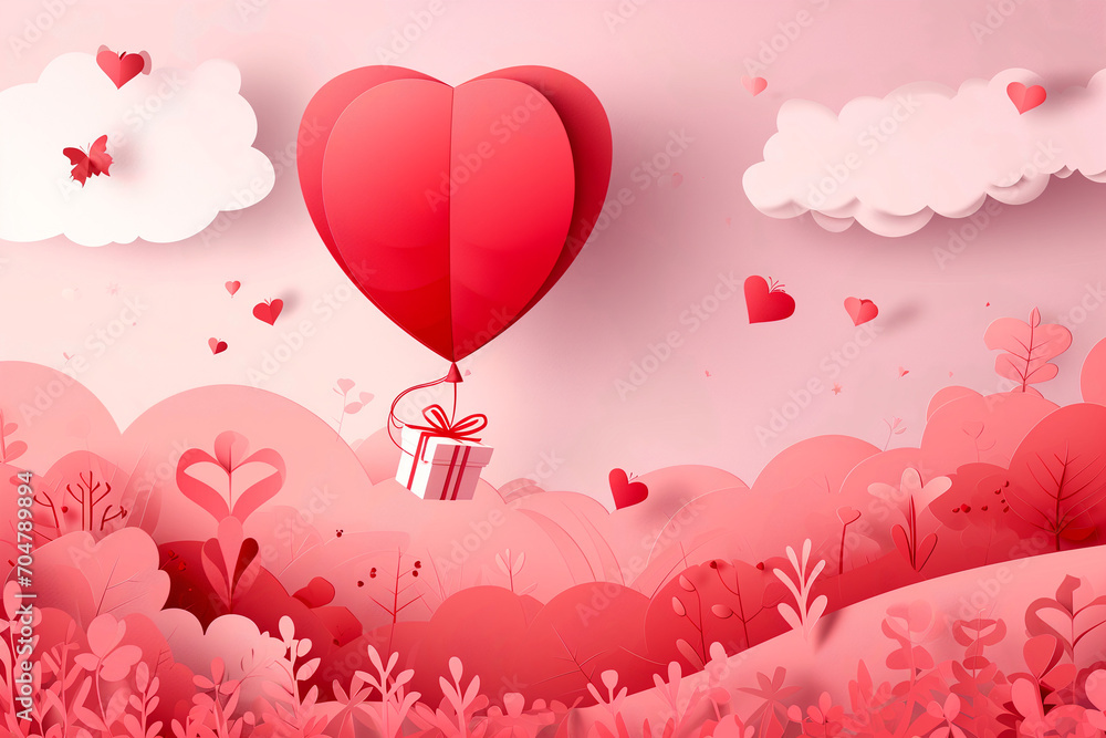 paper art illustration - a large heart-shaped balloon carries a gift through a soft pink sky dotted with smaller hearts, clouds, and a serene landscape of stylized trees and plants.