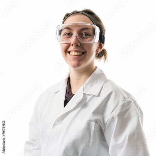 Portrait of a smiling woman wearing a lab coat and protective glasses Generative AI