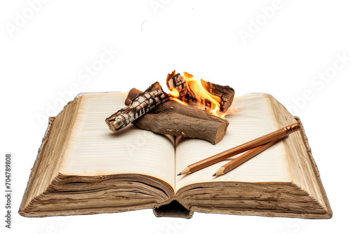 There are three unburnt pencils lying parallel to each other on the left side of the open book photo