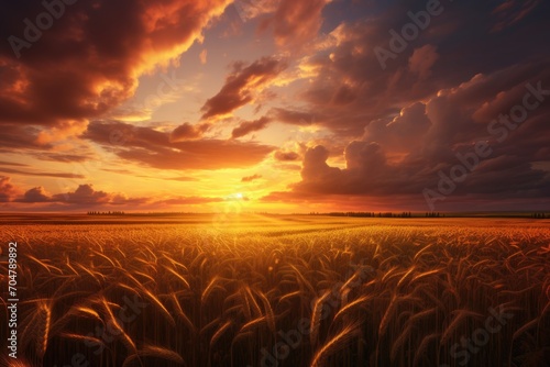 The sun casts a stunning glow as it sets over a vast field of golden wheat., Rural landscape with a wheat field at sunset, AI Generated, AI Generated © Ifti Digital