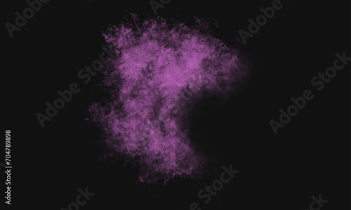 Purple powder explosion on black background. Colored powder cloud. Colorful dust explode. Paint Holi. Lavender Fog or smoke color isolated background for effect, text or copy space. 