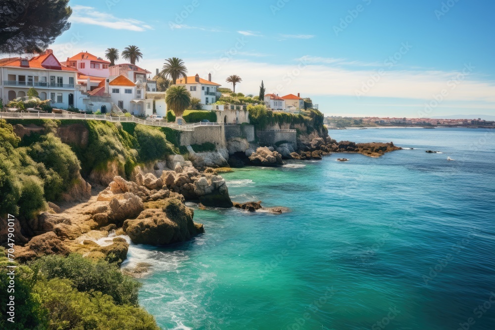 Enjoy a breathtaking view of a beach adorned with picturesque houses nestled atop majestic cliffs., Scenic view in Cascais, Lisbon district, Portugal, AI Generated, AI Generated