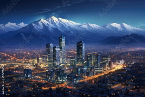 A breathtaking scene of a city at night with snow-covered mountains towering in the distance., Santiago, Chile cityscape, AI Generated, AI Generated