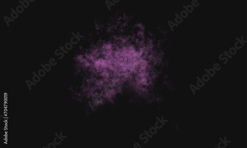 Purple powder explosion on black background. Colored powder cloud. Colorful dust explode. Paint Holi. Lavender Fog or smoke color isolated background for effect, text or copy space. 