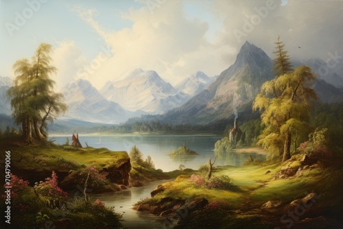 Scenic Painting of Mountain Lake Amidst Trees, Tranquil Landscape Artwork , Renaissance-era painting depicting a tranquil natural landscape with majestic mountains, AI Generated, AI Generated © Ifti Digital