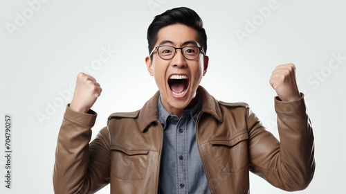 An The expression on the face of an Asian man succeeds in his job, his hands raised in joy, on empty space on a white isolated transparent background. photo