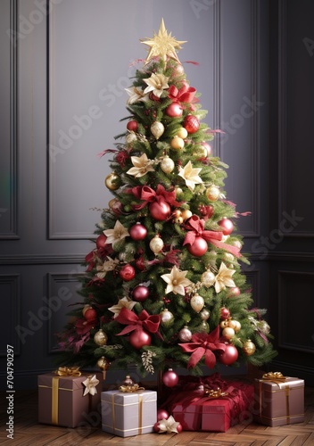 Ornate Christmas tree with red and gold decorations and presents