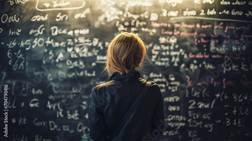 A woman wearing a leather jacket, standing in front of a giant blackboard littered with scientific equations and formulas  photo
