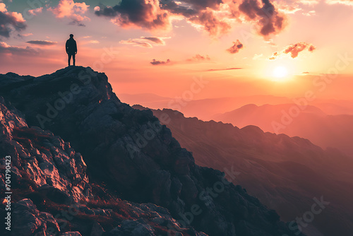A person standing on top of a mountain at sunset