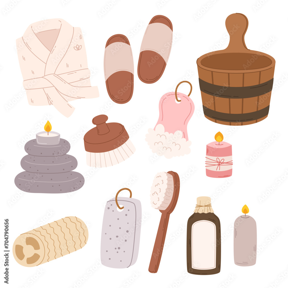 Spa Sauna Collection. Wooden Bucket, Ladle, Aromatic Oil, Robe And Slippers. Pumice, Luffa, Candle And Massage Stones