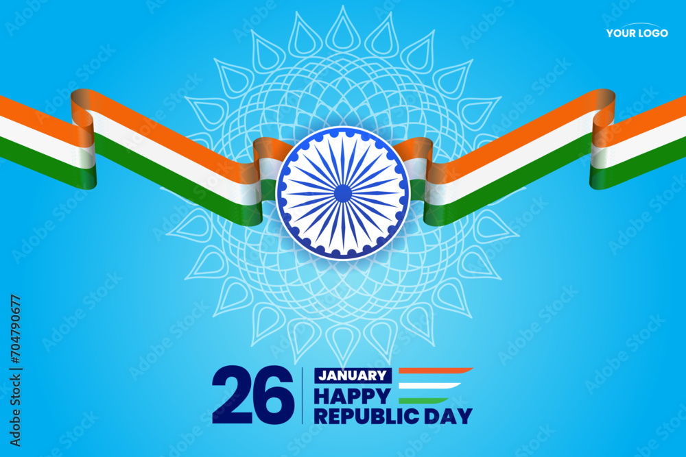 26 january republic day of india celebration greeting with wavy indian flag vector - obrazy, fototapety, plakaty 