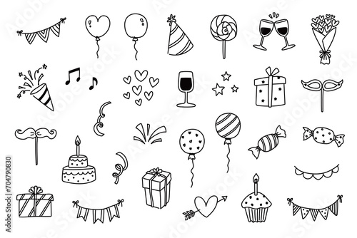 a set of black outline icons for event party celebration festival ceremony anniversary, Valentine's day
