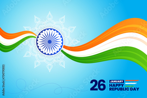 26 january republic day of india celebration greeting with wavy indian flag vector photo