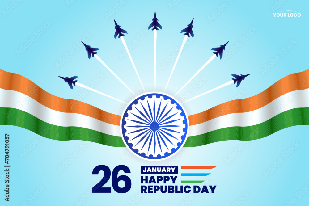 26 january republic day of india celebration with wavy indian flag and fighter jets vector - obrazy, fototapety, plakaty 