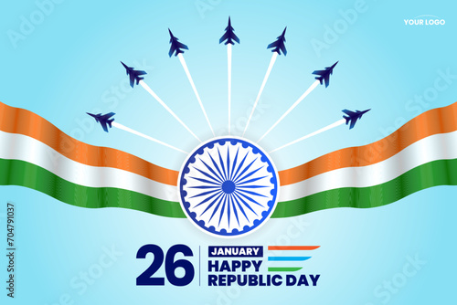 26 january republic day of india celebration with wavy indian flag and fighter jets vector photo