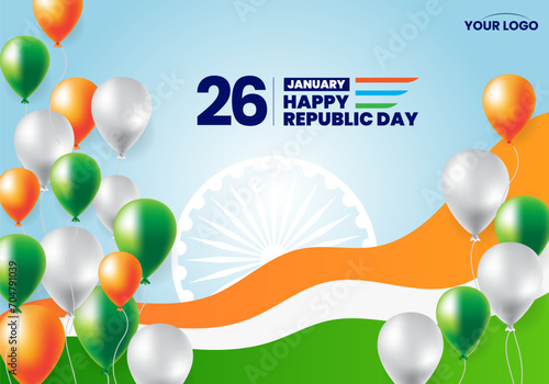 26 january republic day of india celebration with wavy indian flag and balloons vector