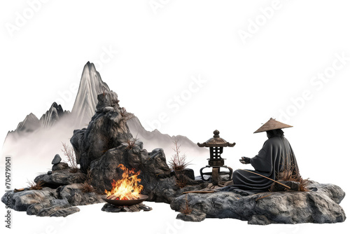 samurai in rocky and mountainous landscape
