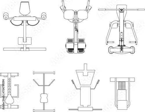 Vector sketch design illustration of gym equipment in a fitness center for body building
