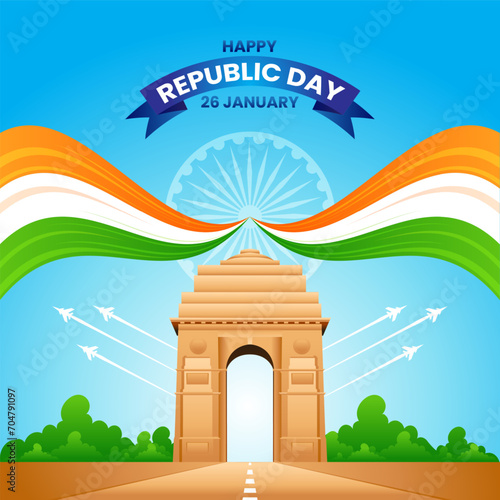 26 january republic day of india celebration with wavy indian flag and india gate vector