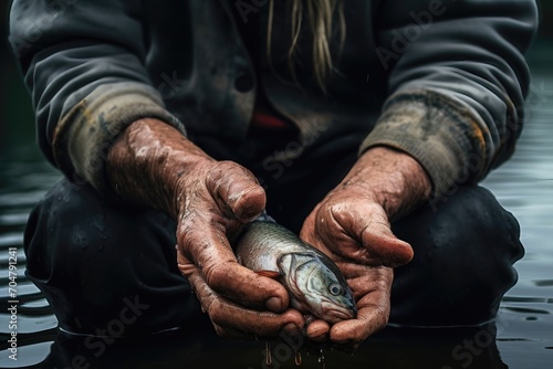 Close-up of a fish in a fisherman's muddy hands, reflecting survival. © AdriFerrer