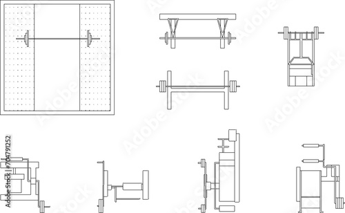 Vector sketch design illustration of gym equipment in a fitness center for body building 