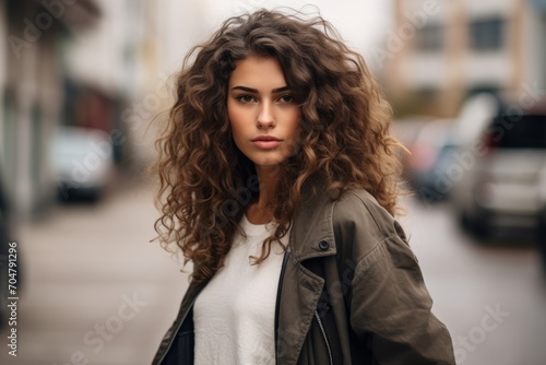 Portrait of beautiful young woman with curly hair in the city.