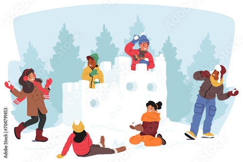 Giggling Kids Engage In Epic Snowball Fights At Snowy Fortress, Crafting Icy Barricades, Creating A Winter Battlefield