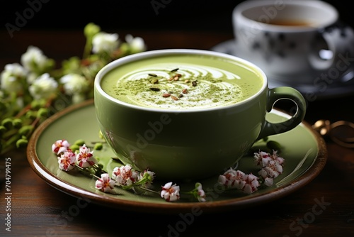 Photo of a rejuvenating green tea matcha latte. Generative AI