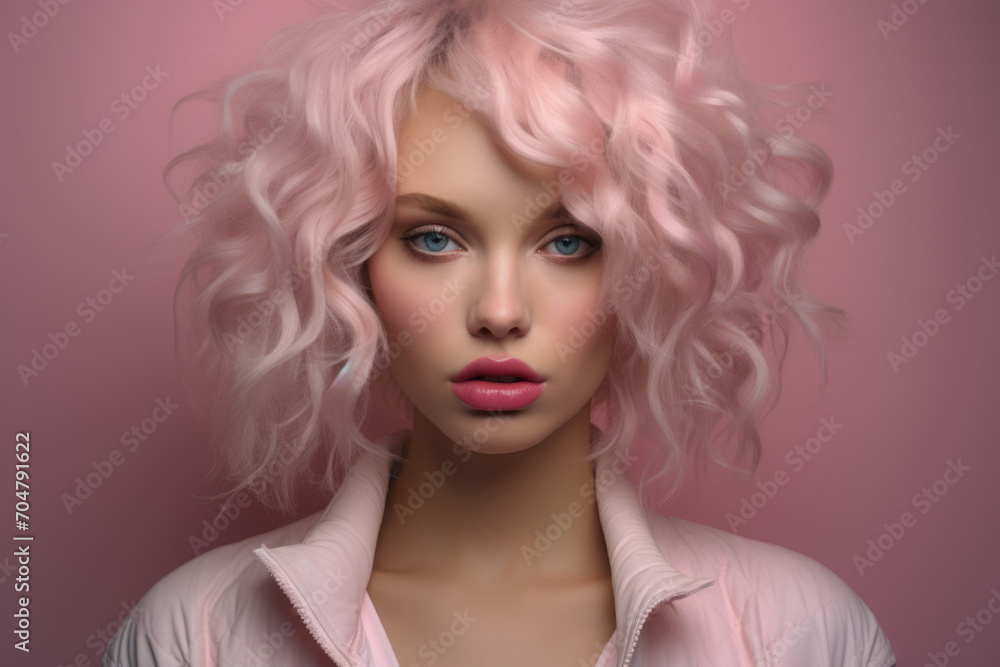 Woman with pink wavy hair and striking blue eyes on pink backdrop.